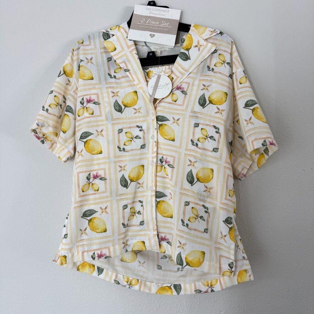 NWT Summer Resort Wear Womens Button Up Shirt Short Set Lemon Linen-Like Italian